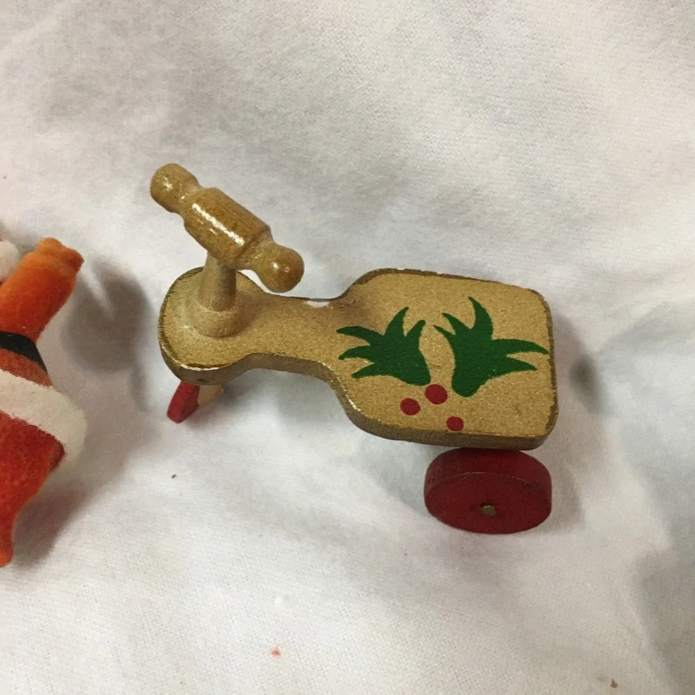 Vintage Flocked Santa Hard Plastic and Wooden Scooter Christmas Ornaments RETRO